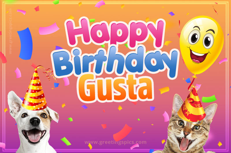 Happy Birthday Gusta Funny Image with cat and dog