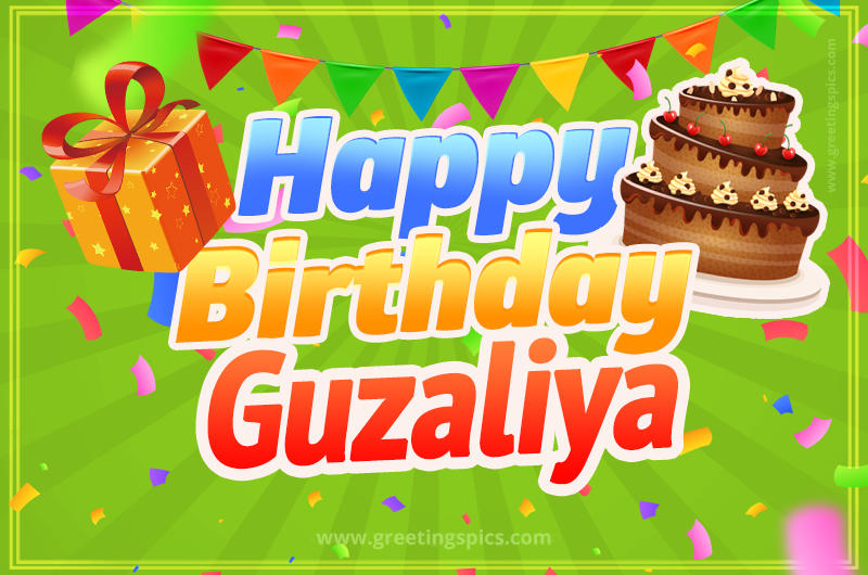 Happy Birthday Guzaliya picture with flags, chocolate cake and gift box