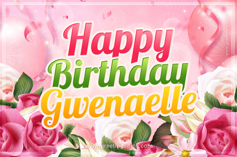 Image with gentle pink background and flowers Happy Birthday Gwenaelle