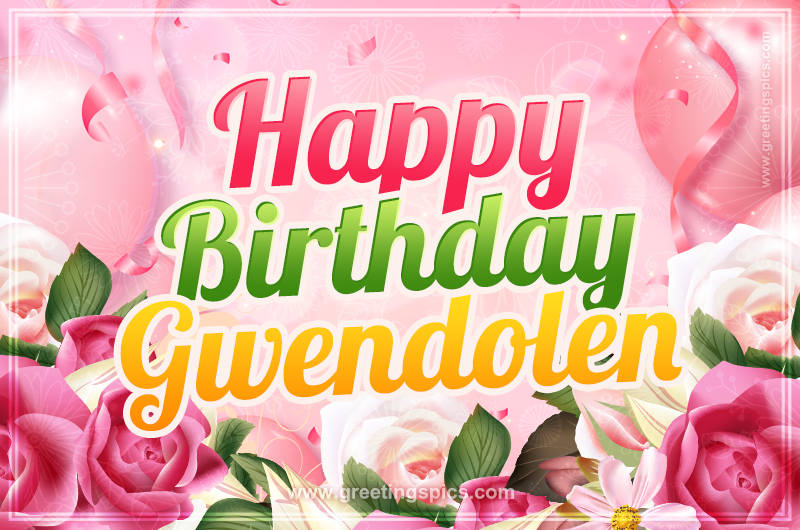 Image with gentle pink background and flowers Happy Birthday Gwendolen