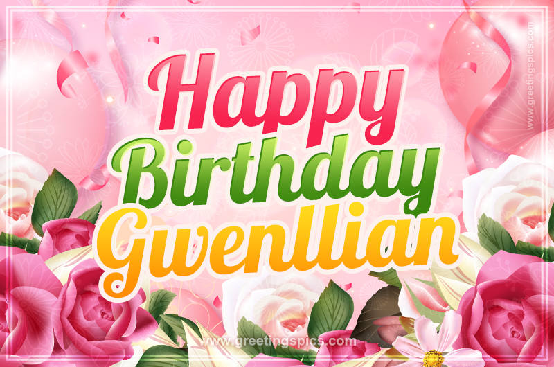 Image with gentle pink background and flowers Happy Birthday Gwenllian