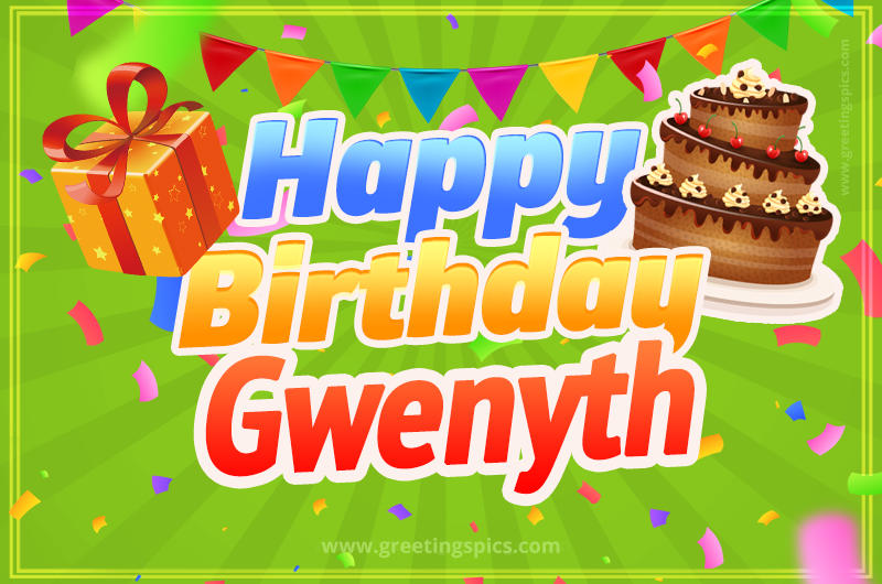 Happy Birthday Gwenyth picture with flags, chocolate cake and gift box