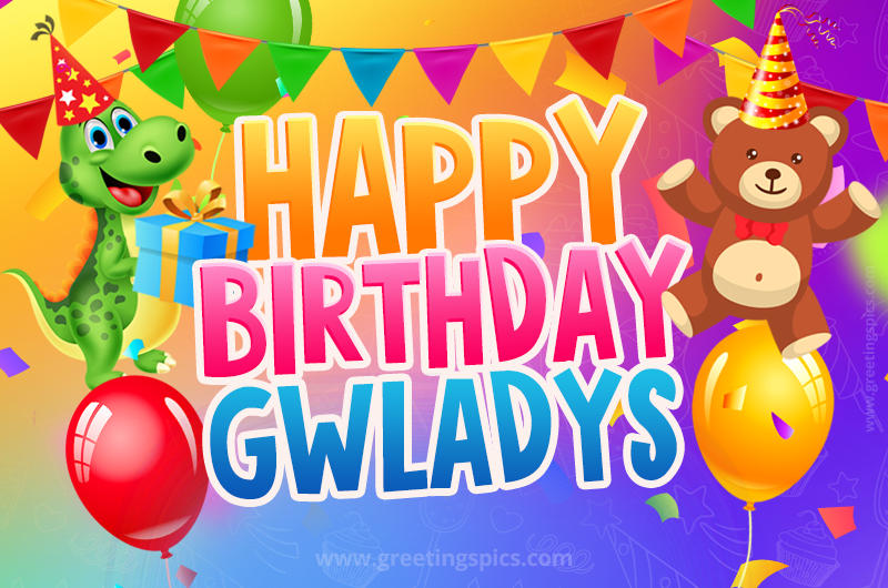 Happy Birthday Gwladys Image for a child with cute dinosaur and bear