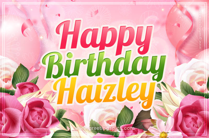 Image with gentle pink background and flowers Happy Birthday Haizley