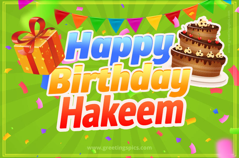 Happy Birthday Hakeem picture with flags, chocolate cake and gift box