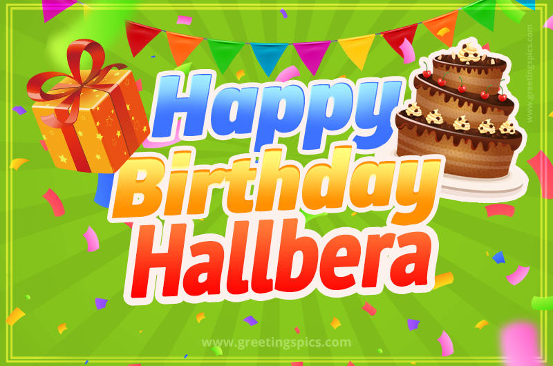 Happy Birthday Hallbera picture with flags, chocolate cake and gift box