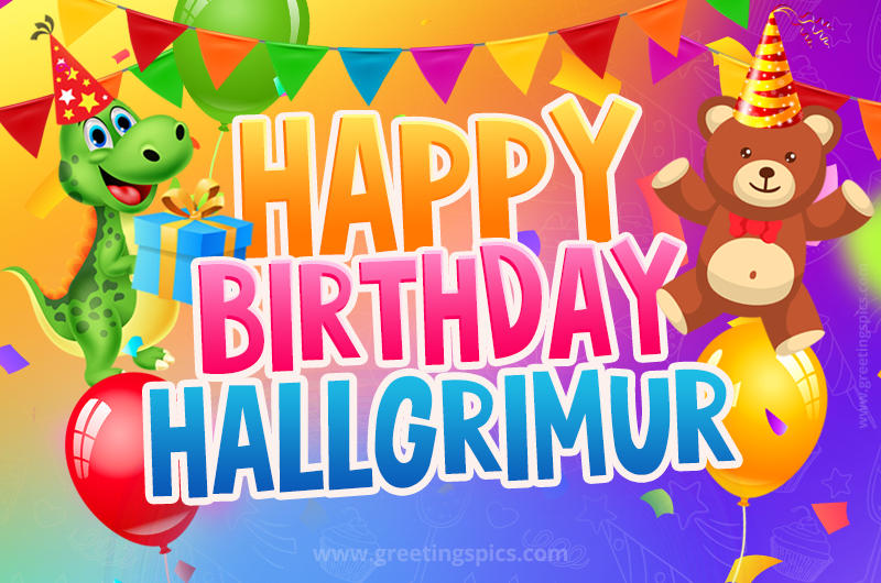 Happy Birthday Hallgrimur Image for a child with cute baby dinosaur and bear