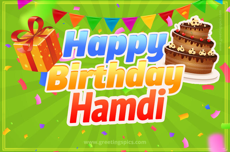 Happy Birthday Hamdi picture with flags, chocolate cake and gift box