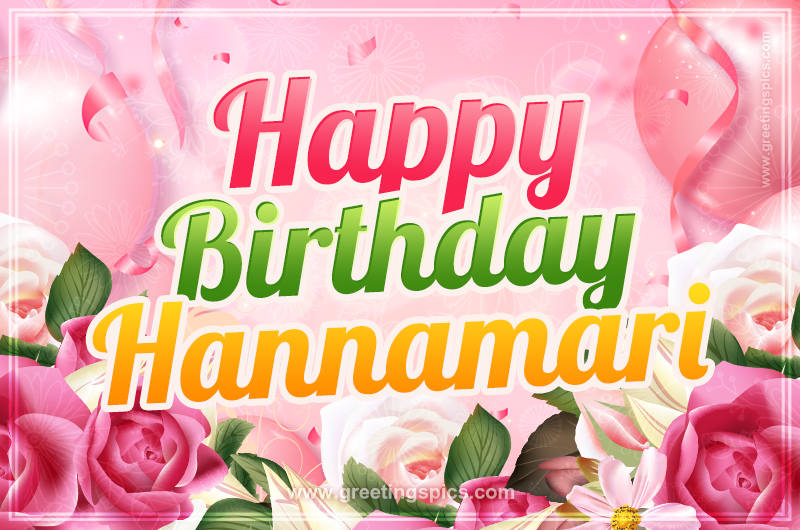 Image with gentle pink background and flowers Happy Birthday Hannamari