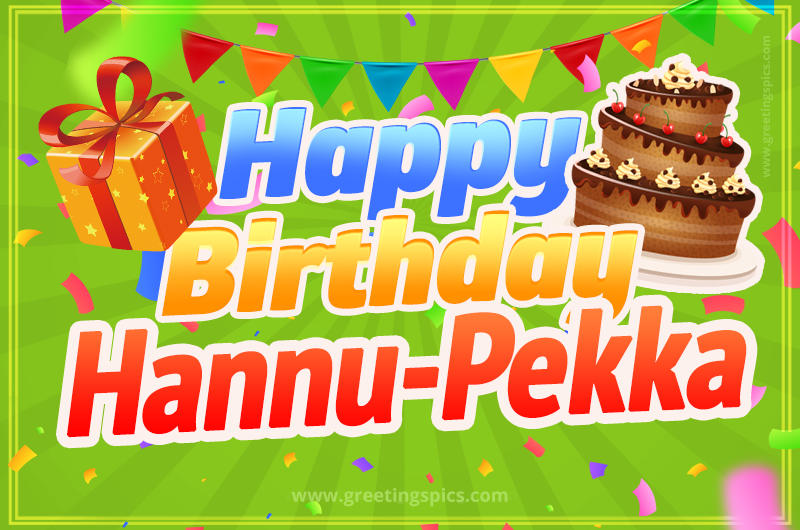 Happy Birthday Hannu-Pekka picture with flags, chocolate cake and gift box