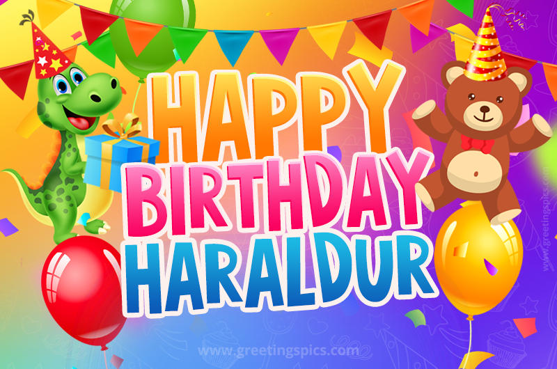 Happy Birthday Haraldur Image for a child with cute baby dinosaur and bear