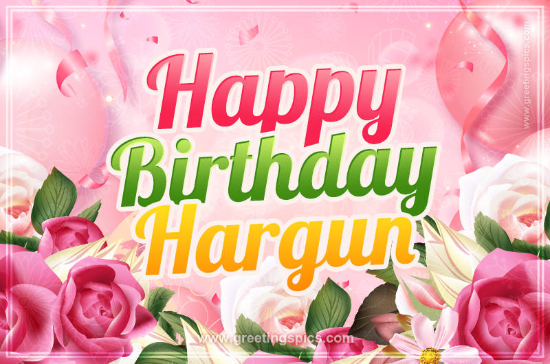 Image with gentle pink background and flowers Happy Birthday Hargun