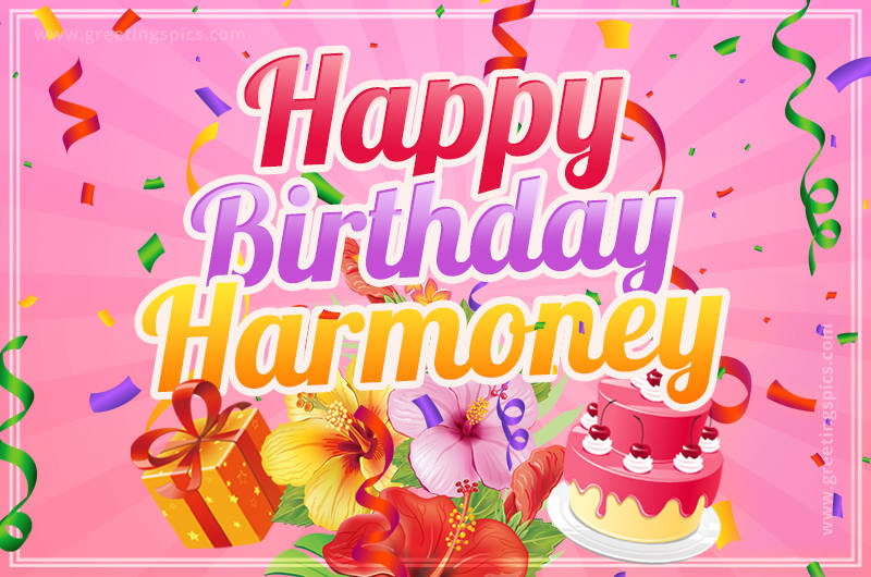 Beautiful Birthday Card for Harmoney with Cake and bouquet of flowers