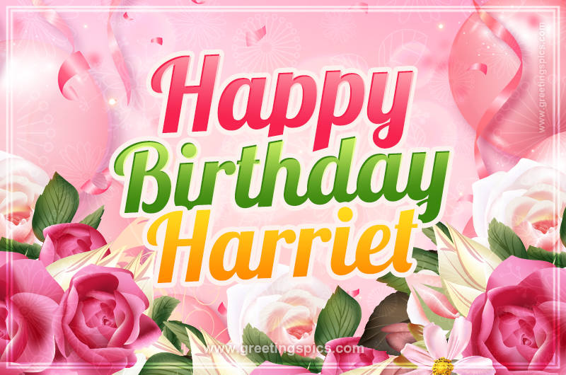 Image with gentle pink background and flowers Happy Birthday Harriet