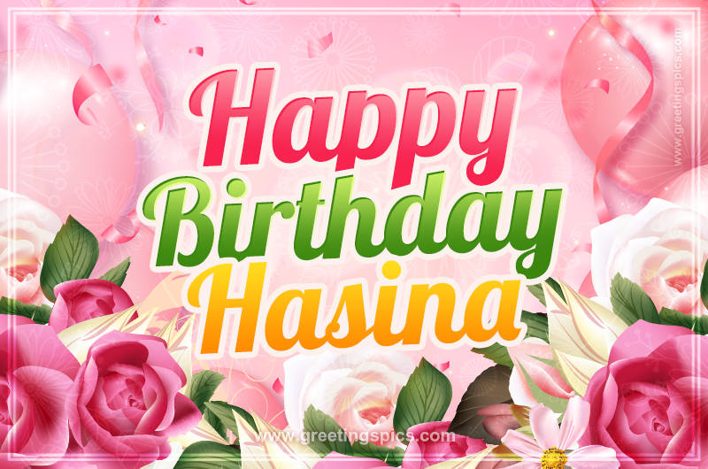 Image with gentle pink background and flowers Happy Birthday Hasina