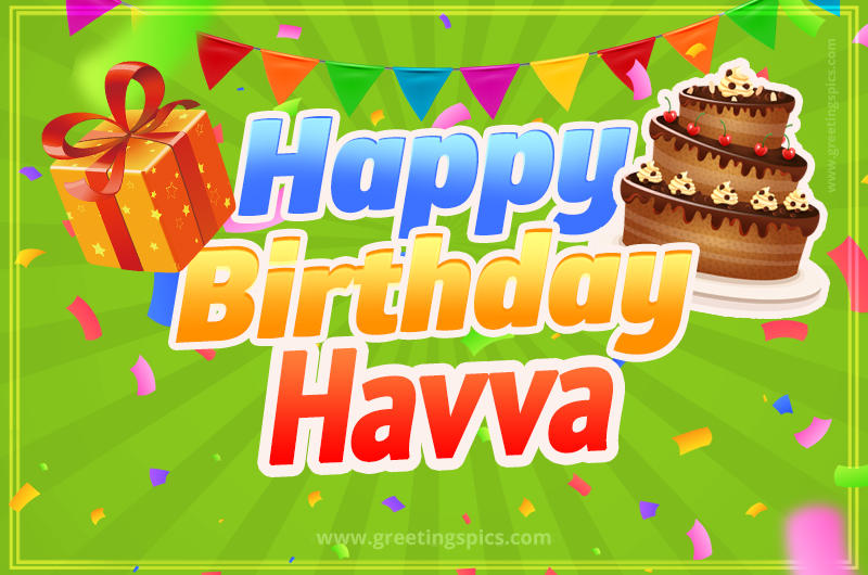 Happy Birthday Havva picture with flags, chocolate cake and gift box