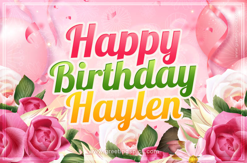 Image with gentle pink background and flowers Happy Birthday Haylen