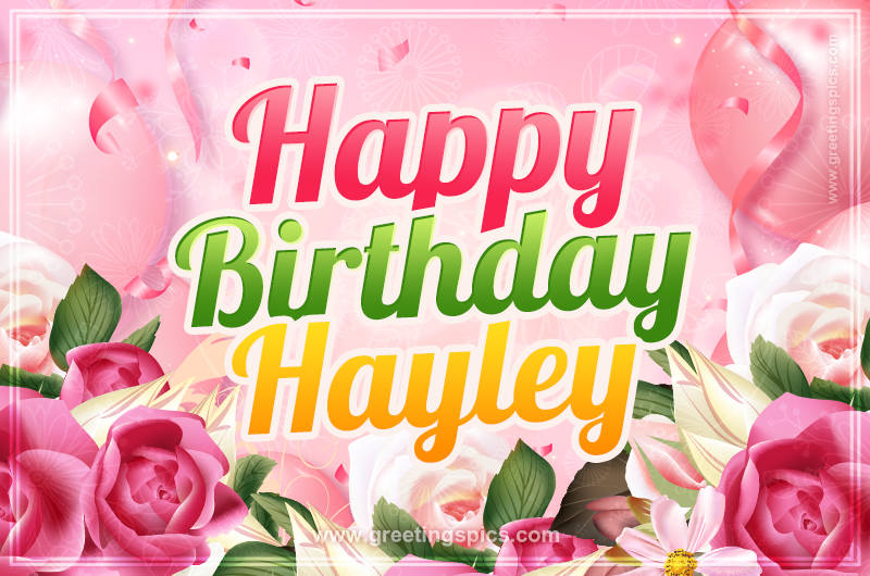 Image with gentle pink background and flowers Happy Birthday Hayley