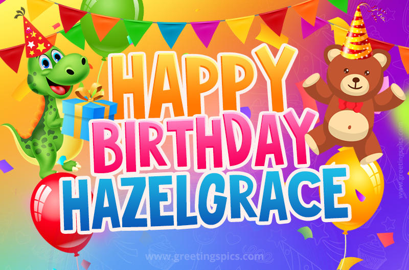 Happy Birthday Hazelgrace Image for a child with cute dinosaur and bear