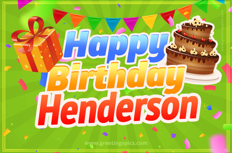 Happy Birthday Henderson picture with flags, chocolate cake and gift box