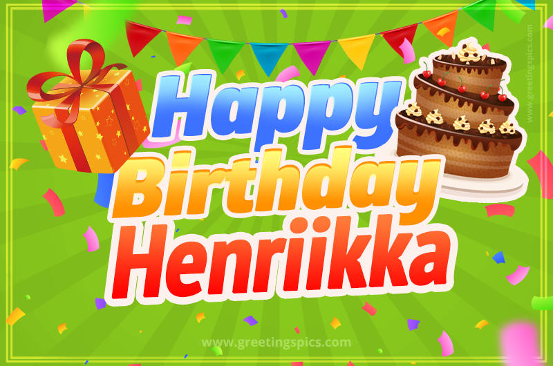 Happy Birthday Henriikka picture with flags, chocolate cake and gift box