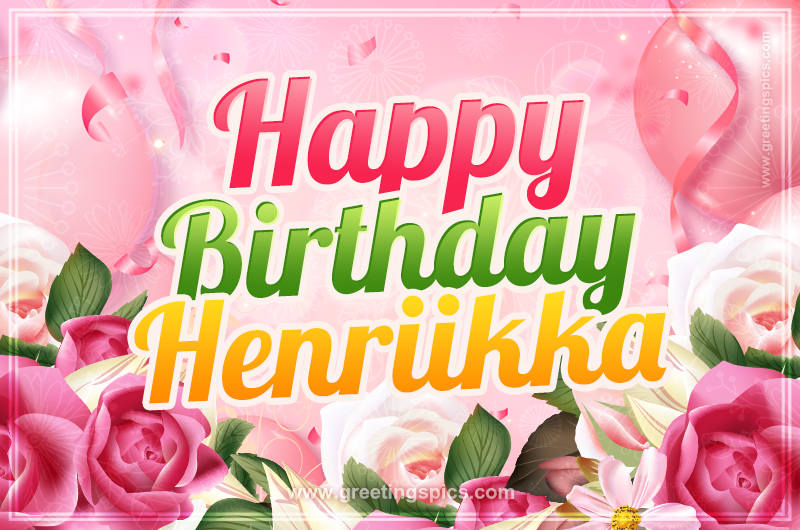 Image with gentle pink background and flowers Happy Birthday Henriikka