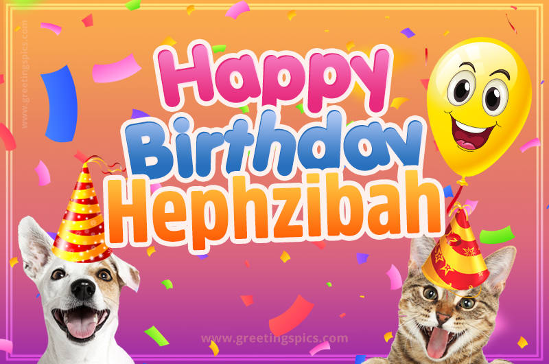 Happy Birthday Hephzibah Funny Image with cat and dog