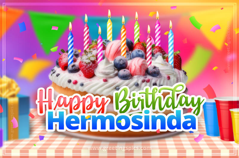 Happy Birthday Hermosinda Colorful Image with fruit cake and candles