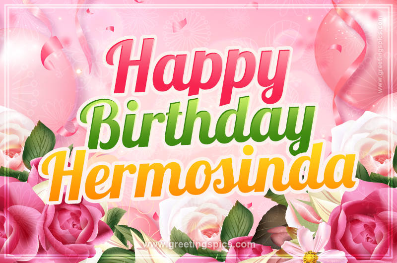 Image with gentle pink background and flowers Happy Birthday Hermosinda