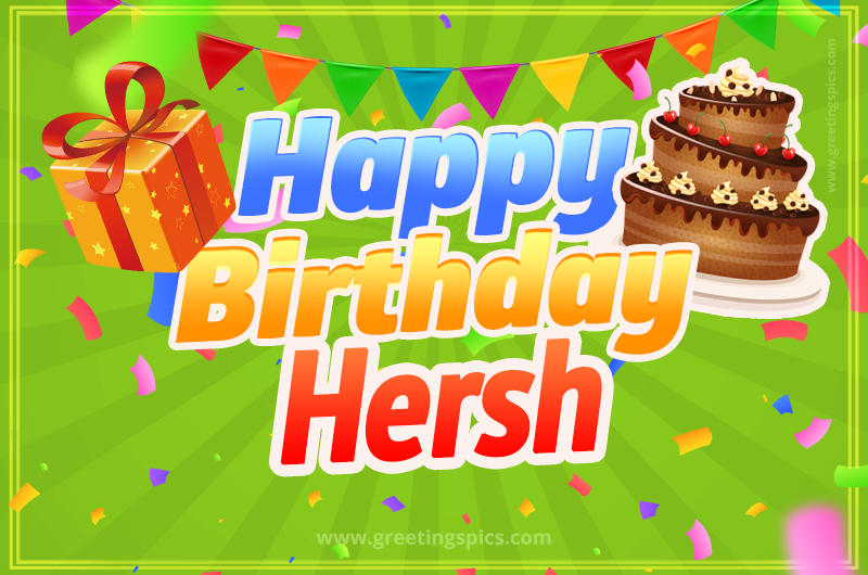 Happy Birthday Hersh picture with flags, chocolate cake and gift box