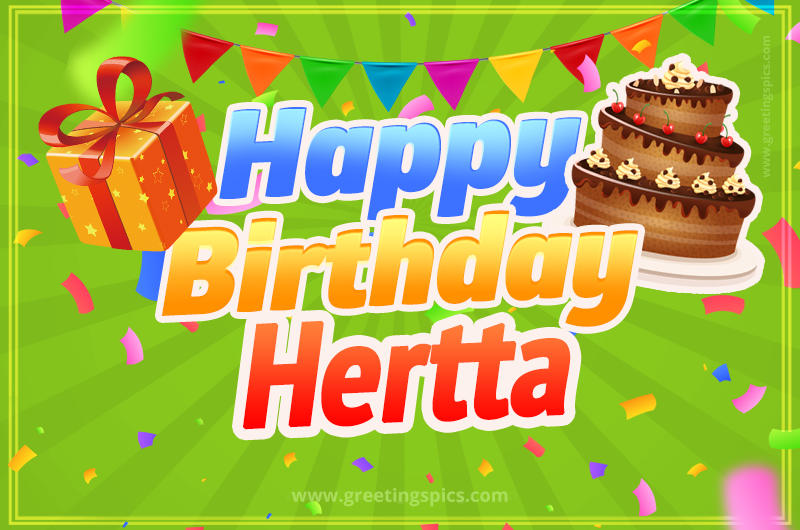 Happy Birthday Hertta picture with flags, chocolate cake and gift box