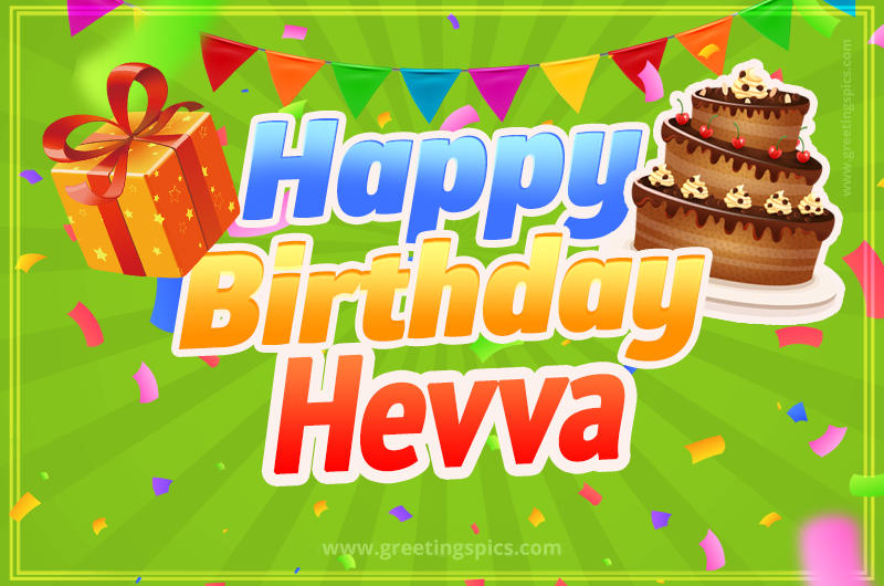 Happy Birthday Hevva picture with flags, chocolate cake and gift box