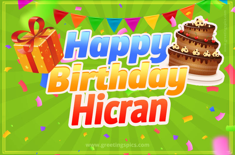 Happy Birthday Hicran picture with flags, chocolate cake and gift box