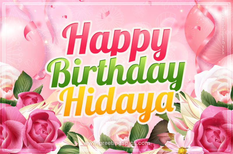 Image with gentle pink background and flowers Happy Birthday Hidaya