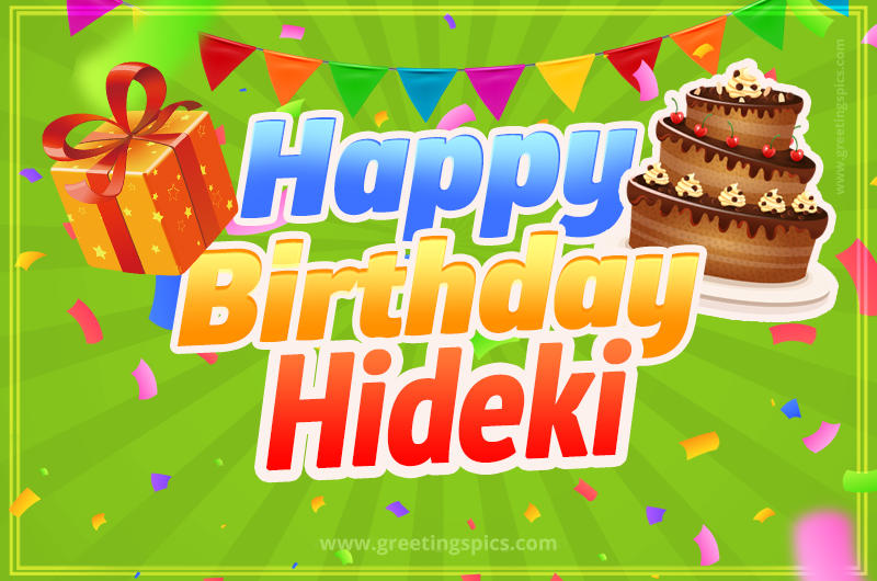 Happy Birthday Hideki picture with flags, chocolate cake and gift box