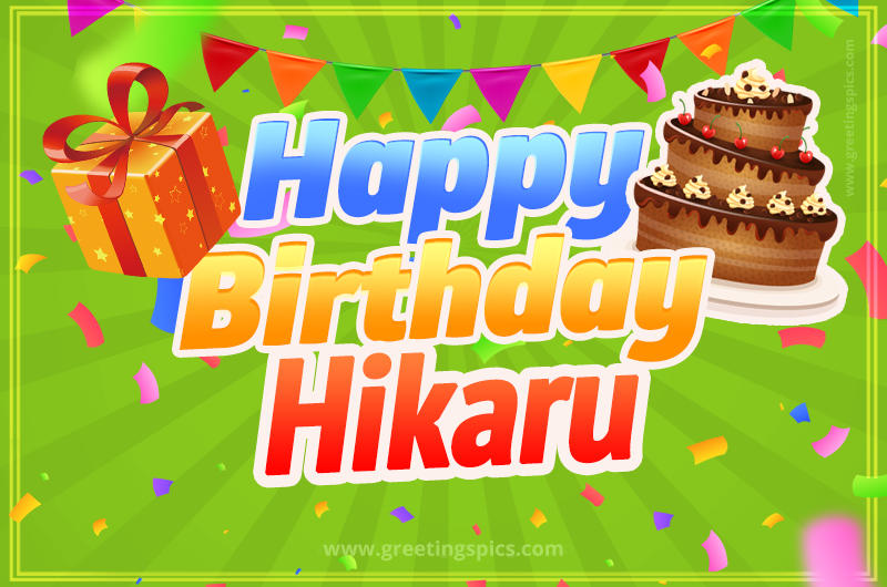 Happy Birthday Hikaru picture with flags, chocolate cake and gift box