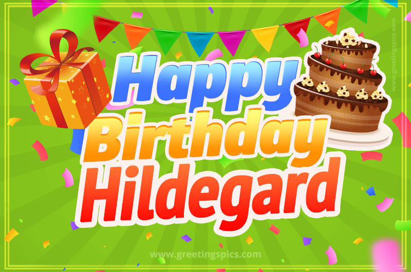 Happy Birthday Hildegard picture with flags, chocolate cake and gift box