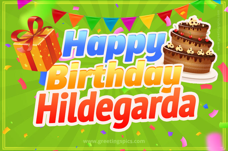 Happy Birthday Hildegarda picture with flags, chocolate cake and gift box