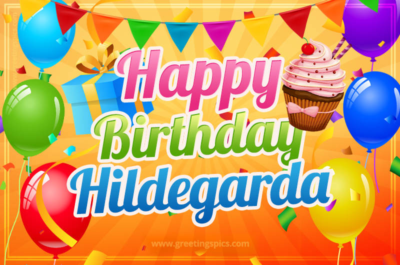 Happy Birthday Hildegarda eCard with gift box and cupcake