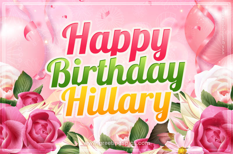 Image with gentle pink background and flowers Happy Birthday Hillary