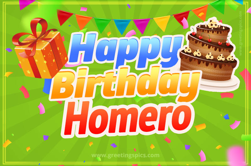 Happy Birthday Homero picture with flags, chocolate cake and gift box