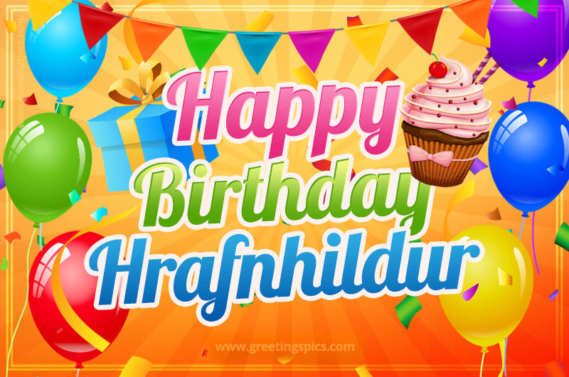 Happy Birthday Hrafnhildur eCard with gift box and cupcake