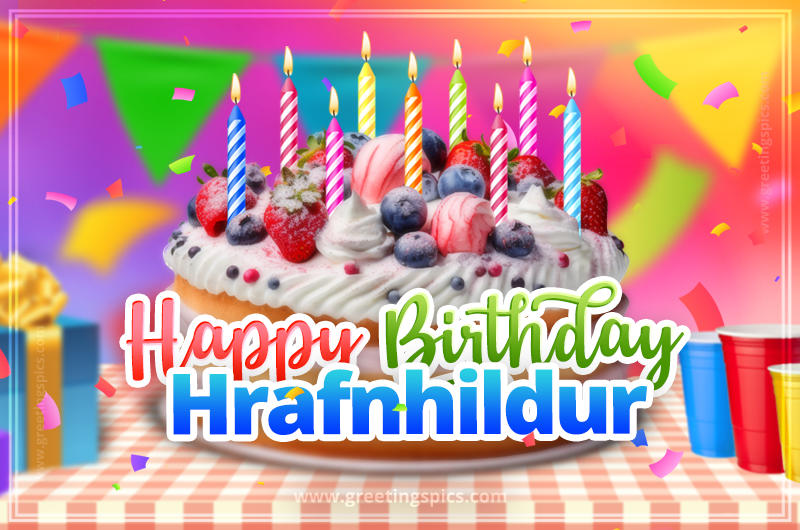 Happy Birthday Hrafnhildur Colorful Image with fruit cake and candles