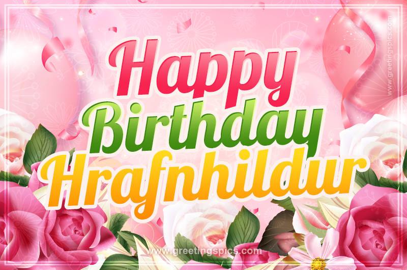 Image with gentle pink background and flowers Happy Birthday Hrafnhildur