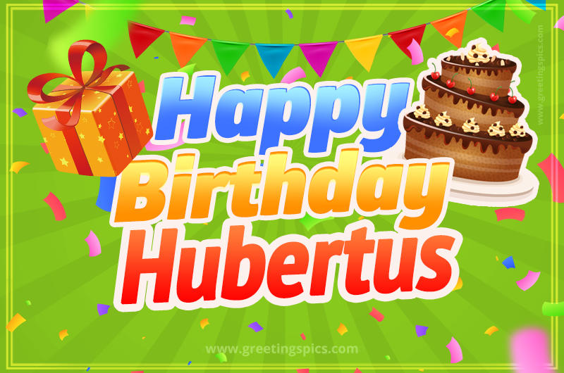 Happy Birthday Hubertus picture with flags, chocolate cake and gift box