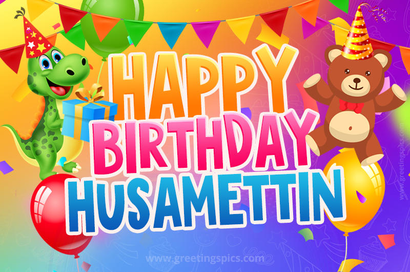 Happy Birthday Husamettin Image for a child with cute baby dinosaur and bear