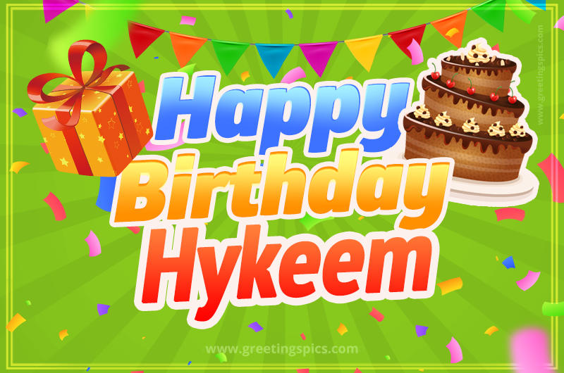 Happy Birthday Hykeem picture with flags, chocolate cake and gift box