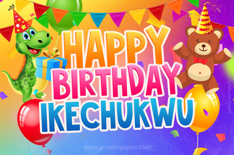 Happy Birthday Ikechukwu Image for a child with cute baby dinosaur and bear