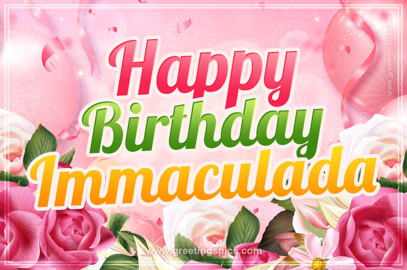 Image with gentle pink background and flowers Happy Birthday Immaculada