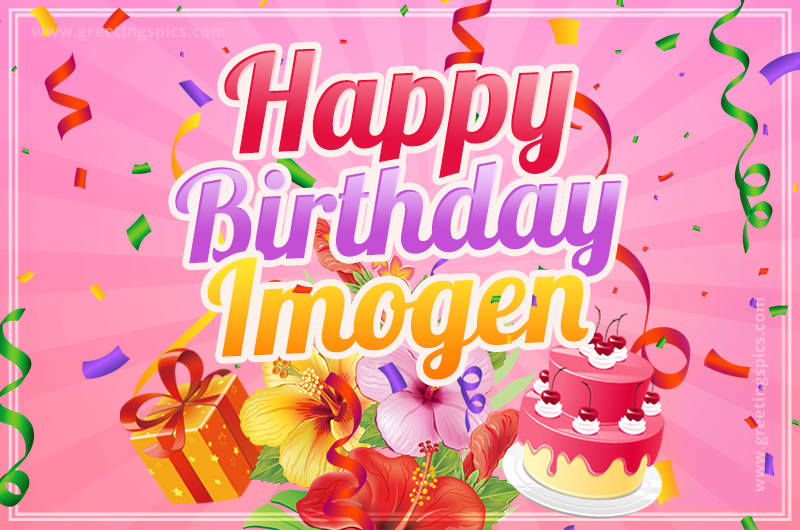 Beautiful Birthday Card for Imogen with Cake and bouquet of flowers